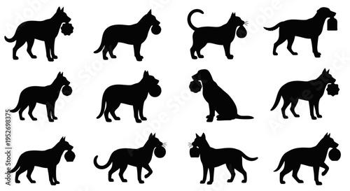 A collection of twelve black dog silhouettes, each carrying a small bag or bundle in its mouth, depicted in various poses against a white background.