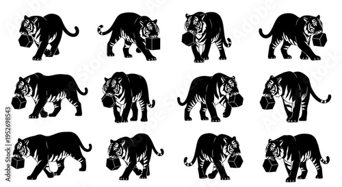 Twelve black silhouette tigers carrying cube objects in their mouths, depicted in various walking poses on a white background.