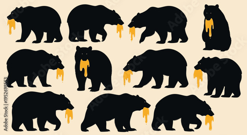 A graphic illustration featuring eleven black bear silhouettes with golden honey dripping from their mouths on a light background.