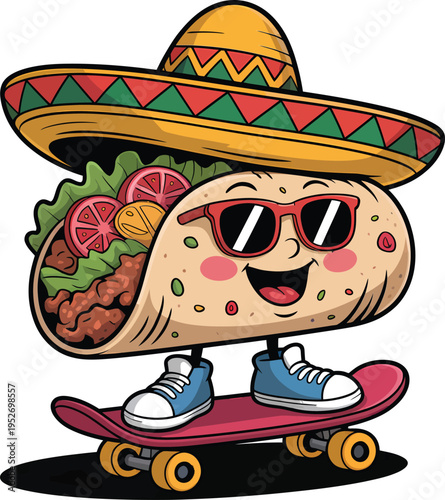 Funny cartoon taco character wearing sombrero and sunglasses skateboarding