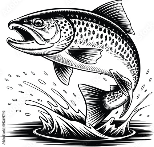 Jumping trout fish black and white engraving style illustration