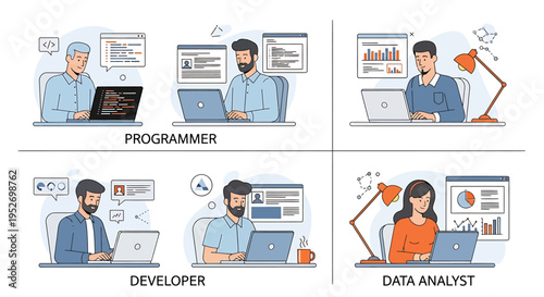 Diverse digital professionals at work, illustrating programming, development, and data analysis tasks in a modern office environment, highlighting technology careers and expertise