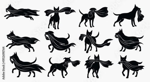 A collection of black dog silhouettes in various dynamic poses, each interacting with a flowing piece of fabric or scarf, on a white background.