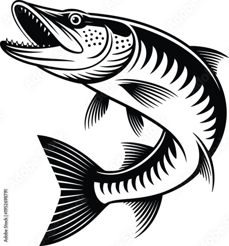 Northern pike fish jumping mascot black and white illustration