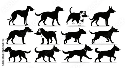Collection of twelve black dog silhouettes representing various breeds and poses on a white background.
