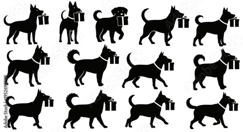 Black silhouettes of various dog breeds carrying gift boxes, perfect for holiday or celebration designs.
