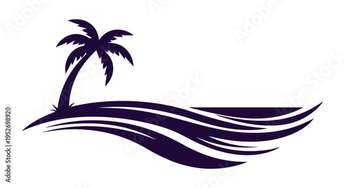 Purple palm tree silhouette on wavy lines for travel brochure