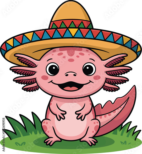 Cute cartoon axolotl wearing a mexican sombrero hat