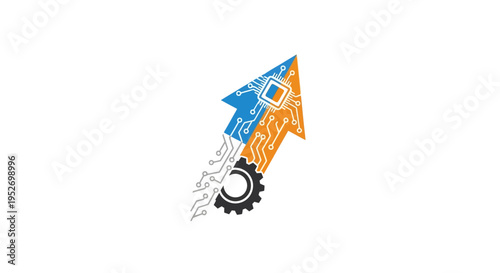 Digital Technology Progress: Arrow with Circuit Board Design, Gears and Data Growth