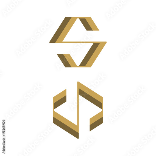 Two abstract golden geometric symbols with a layered, three-dimensional effect on a white background, resembling stylized letters or hexagonal forms.