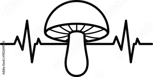 Minimalist black and white line art illustration of a mushroom integrated with a heart rate pulse EKG heartbeat line symbolizing mycological health and wellness.