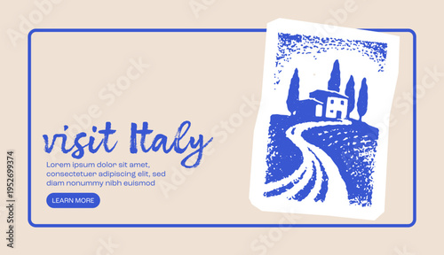 Visit Italy travel banner with vintage linocut tuscany icon Italian tourism illustration