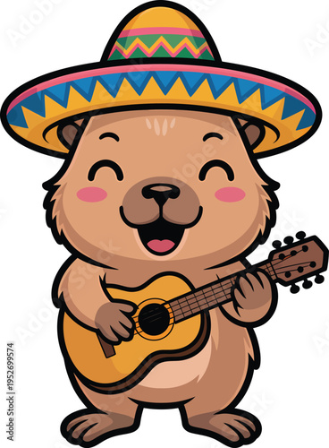 Cute capybara wearing a sombrero playing guitar