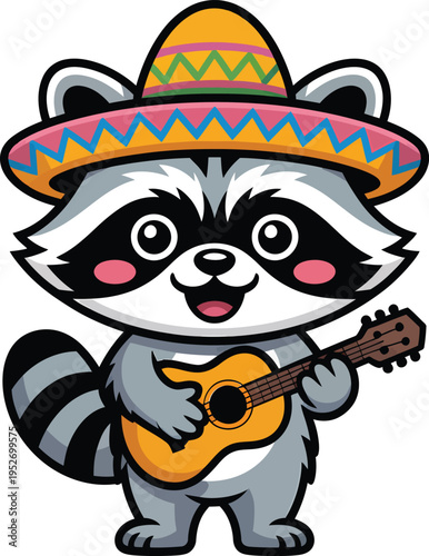 Cute cartoon raccoon wearing a sombrero playing an acoustic guitar