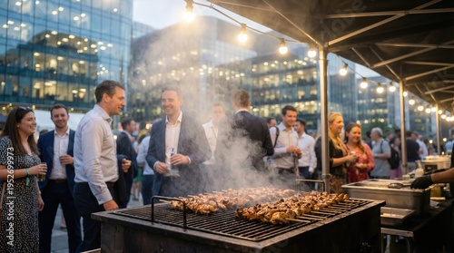 People Attending an Outdoor Corporate Event with Street Food Barbecue Grill