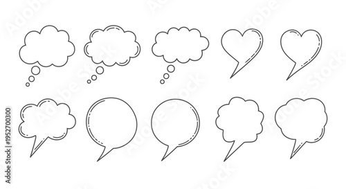 diverse collection of hand-drawn speech bubbles and thought clouds minimalist line art for communication concepts.
