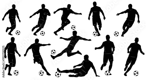 dynamic soccer players silhouettes demonstrating various dribbling and kicking actions on white perfect for sports design.