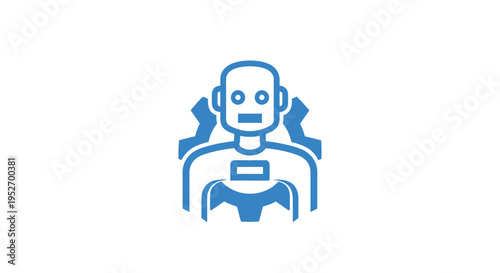 A Modern Graphic of a Blue Robot with Gear Symbols and Clean Aesthetic Design