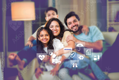 Indian family portrait on sofa with infographics. Highlighting term insurance, health benefits, and financial protection.