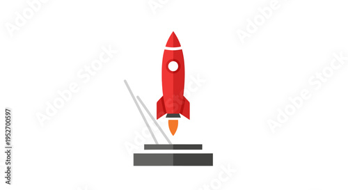 A symbolic depiction of a rocket launching into space from a launchpad with fire