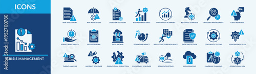 Crisis Management - Icon Collection. Thin Flat Blue Set contains such Icons as risk assessment, disaster recovery, risk mitigation and more. Simple web icons set