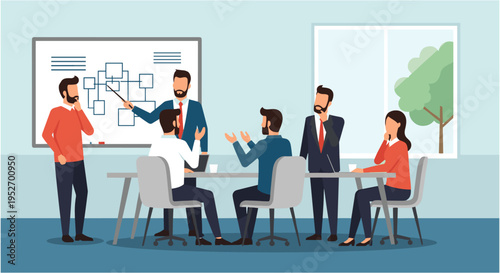 Business team meeting in modern office with presentation on whiteboard in flat design style for corporate website