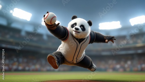 Cute Panda Baseball Player Catching Ball in Stadium