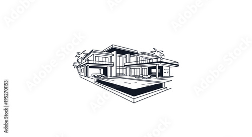 Modern luxury mansion illustration with swimming pool and palm trees in minimalist style