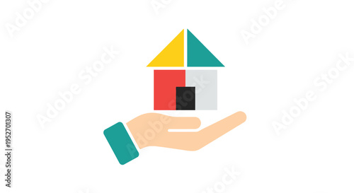 A symbolic hand gently supporting a colorful geometric house illustrating security
