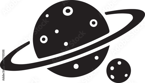 A black and white illustration of a planet with a ring and a moon in space