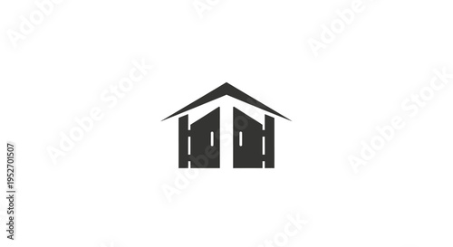 Minimalist representation of a gable roof and open doors, clean and graphic