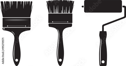 Three types of paint brushes and a roller for painting and decorating