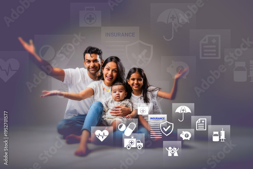 Portrait of a joyful Indian family with two kids. Infographic shows medical emergency funds, life insurance benefits, and long-term savings.