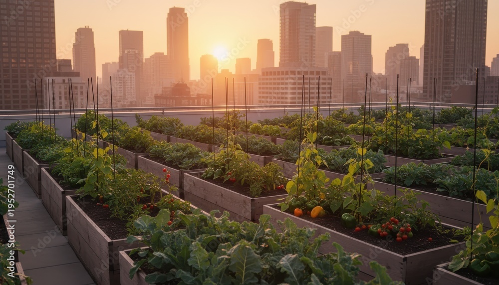 Fototapeta premium Urban rooftop garden growing vegetables in city skyline sunset