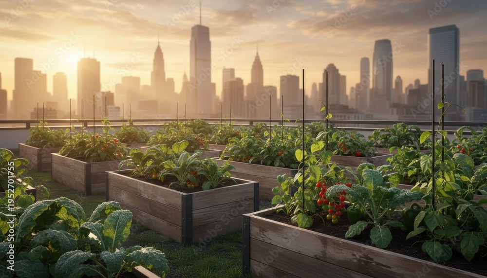 Fototapeta premium Urban rooftop garden growing vegetables in city skyline sunset