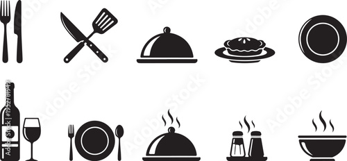 Restaurant and dining icons set in black and white