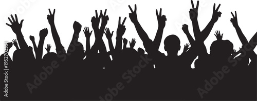 A crowd of people with raised hands in a celebratory gesture