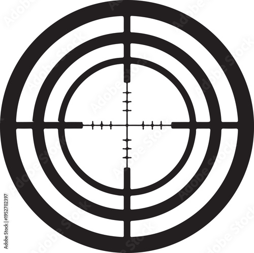 A black and white image of a rifle scope reticle with concentric circles and crosshairs