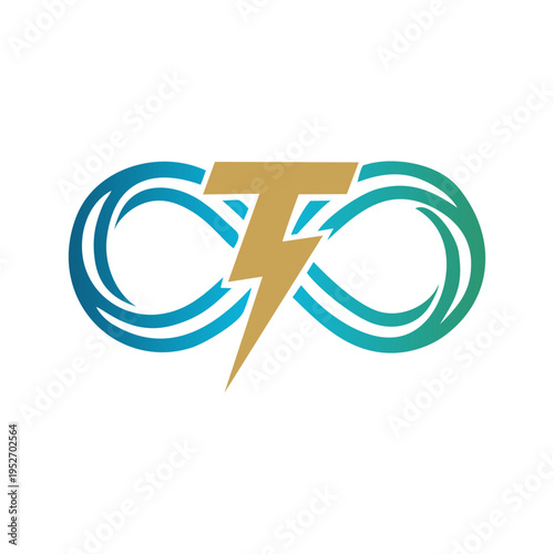 Modern logo design featuring an infinity symbol with a golden T and lightning bolt, incorporating blue and green wave patterns.