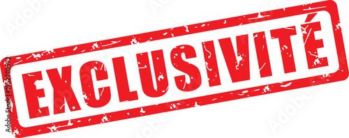 Exclusivité. Tampon rouge rectangulaire grunge vectoriel. Illustration dessinée à la main. Français.