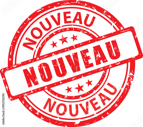 Nouveau. Tampon rouge grunge vectoriel. Illustration dessinée à la main. Français.