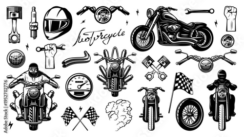 Set of motorcycle icons and biker objects in vector black and white graphic style. Illustration with bike, engine part, racer, helmet and racing flag for workshop and repair concept.