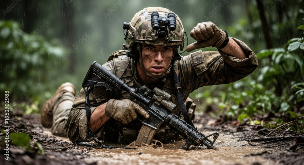 Fototapeta premium Soldier crawling through mud during rain in forest. Military man with rifle giving hand signal for stop. Intense combat training in nature. Tactical operation and warfare concept.