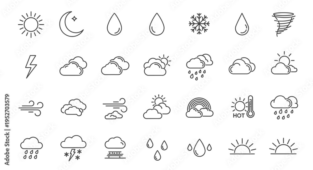 Obraz premium diverse collection of weather icons illustrating meteorological conditions and forecast symbols for app and website design.