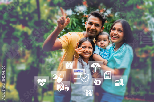 Indian family standing outdoors against lush greenery. Infographic highlights outdoor safety, health insurance, and life protection for travelers.