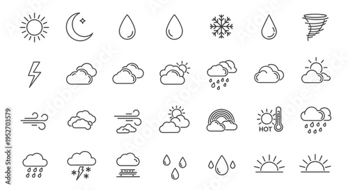 diverse collection of weather icons illustrating meteorological conditions and forecast symbols for app and website design.