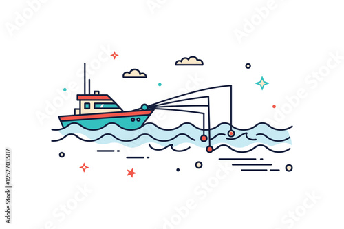 Deep water trolling scene simplified boat dragging multiple fishing lines across calm stylized waves, representing strategic technique and patience in offshore
