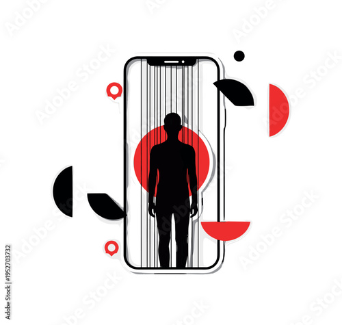Black and white silhouette trapped inside the outline of a giant phone frame, bright red circle perfectly aligned behind the torso symbolizing digital control,