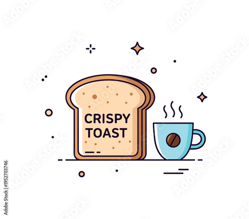 Crispy Toast morning routine theme centered on a toast slice paired with a small coffee cup icon and subtle steam accents above. A bright and