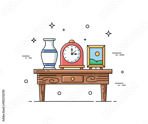 Antiquing and discovering vintage treasures charming flea market scene with an old wooden table displaying a retro clock, porcelain vase and small framed
